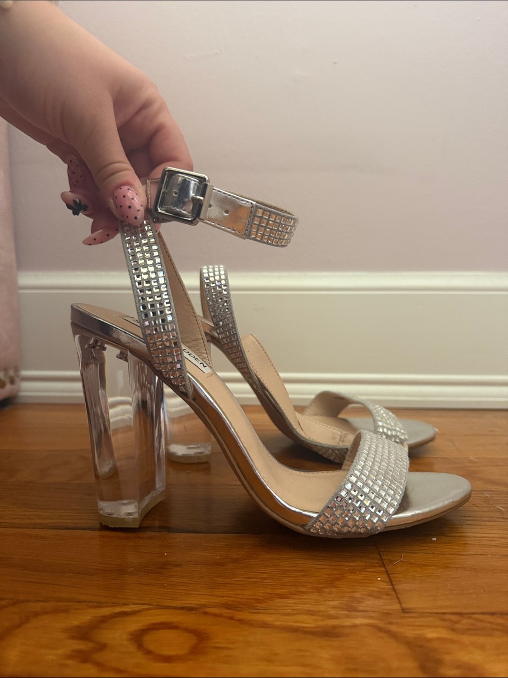 Steve Madden Silver Rhinestone Block Heel